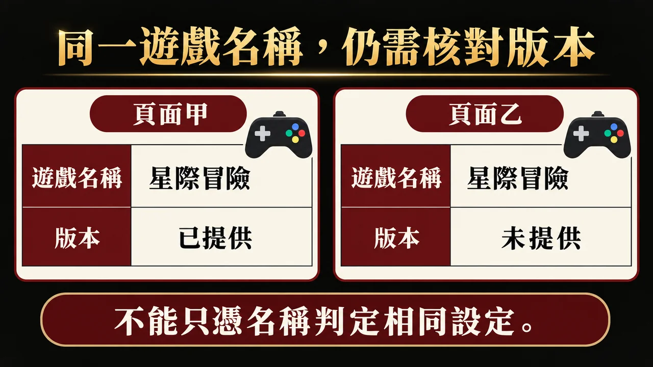 虛構遊戲名稱的兩個版本資料卡